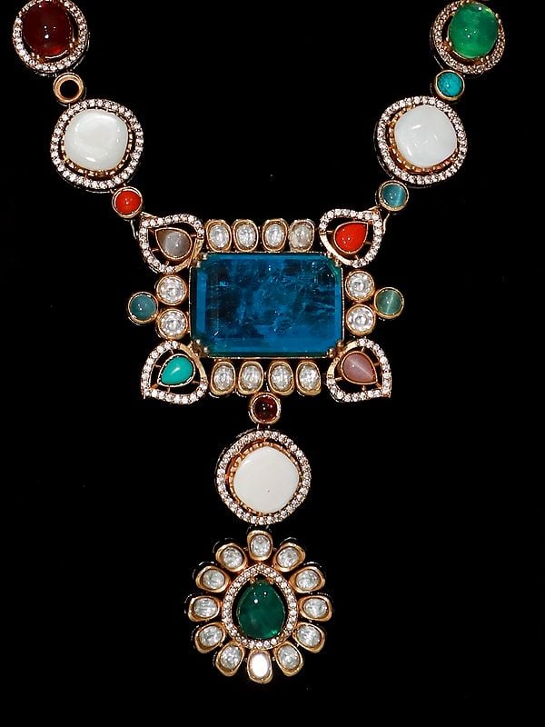 Exotic India Multi Sky Blue Long Stone Studded Necklace Set With Earrings