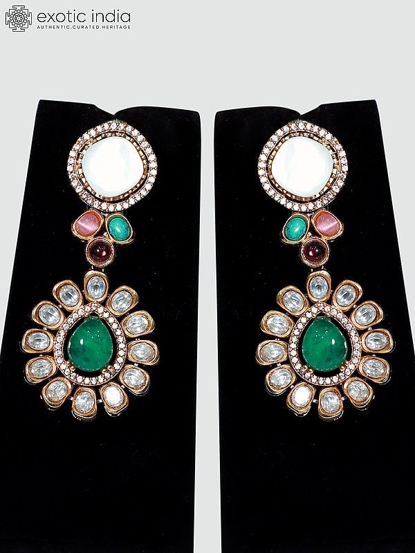 Exotic India Multi Sky Blue Long Stone Studded Necklace Set With Earrings