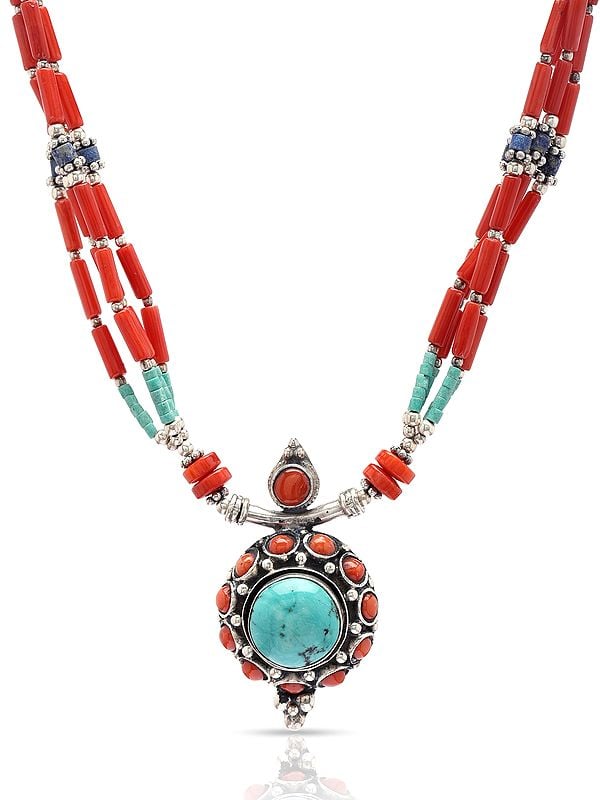 Exotic India Multi Stone Necklace With Turquoise Lapis Lazuli And Coral 