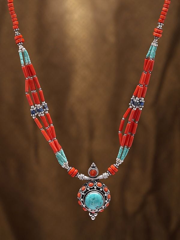 Exotic India Multi Stone Necklace With Turquoise Lapis Lazuli And Coral 