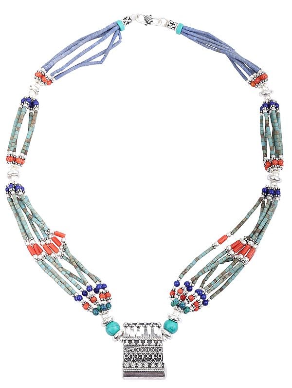 exotic india Multi Stone Necklace With Turquoise Lapis Lazuli and Coral