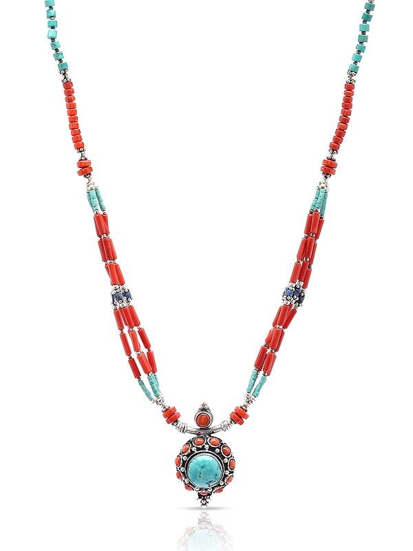 exotic india Multi Stone Necklace With Turquoise Lapis Lazuli and Coral 