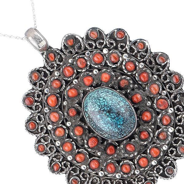Exotic India Multi-Stone Sterling Silver Pendant With Gemstones From Nepal 