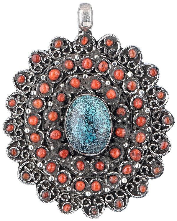 Exotic India Multi-Stone Sterling Silver Pendant With Gemstones From Nepal 