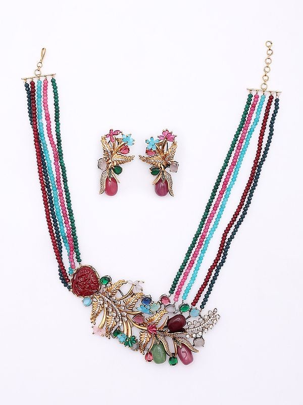 Exotic India Multi Stone Studded Floral Design Necklace And Earrings Set With Five Strand 