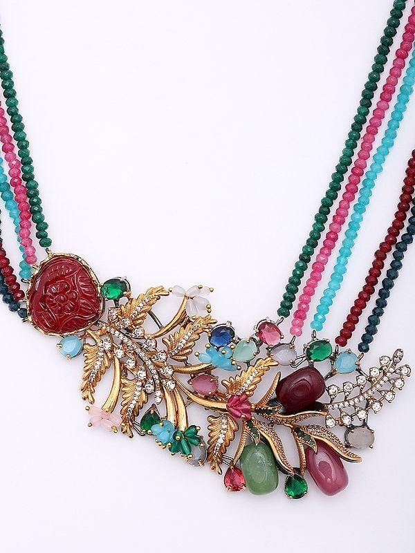 Exotic India Multi Stone Studded Floral Design Necklace And Earrings Set With Five Strand 