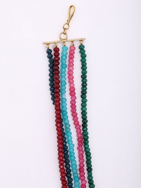 Exotic India Multi Stone Studded Floral Design Necklace And Earrings Set With Five Strand 