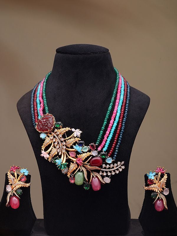 exotic india Multi Stone Studded Floral Design Necklace and Earrings Set with Five Strand 