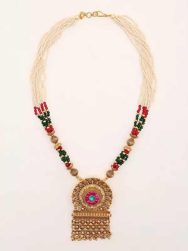 Exotic India Multi Strand Floral Design Long Necklace & Earrings Set 