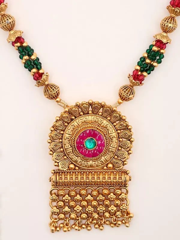 Exotic India Multi Strand Floral Design Long Necklace & Earrings Set 