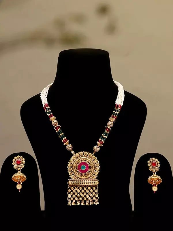 exotic india Multi Strand Floral Design Long Necklace & Earrings Set 