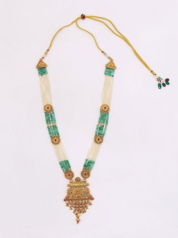 Exotic India Multi Strand Green & White Beaded Long Necklace With Earrings Set 