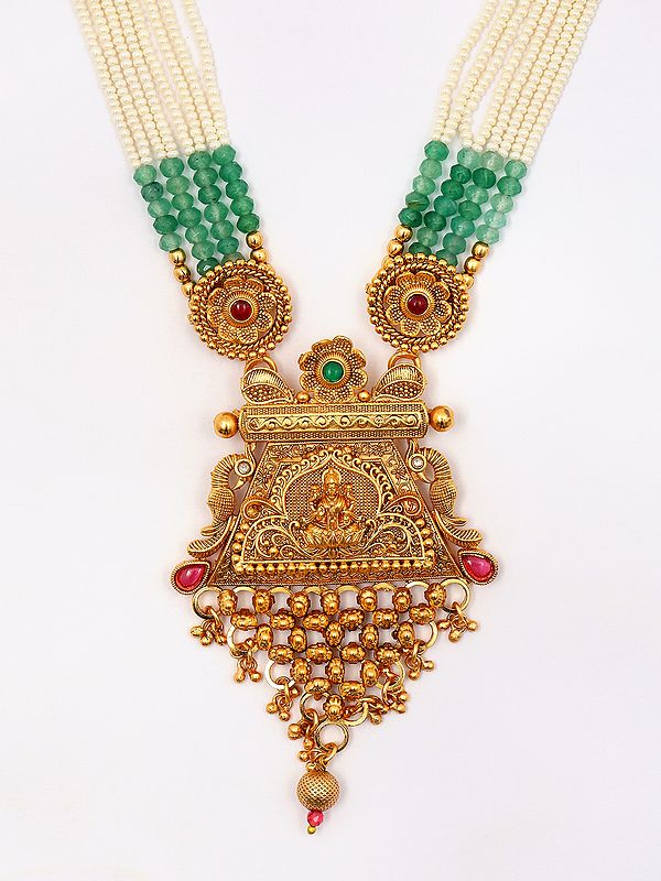 Exotic India Multi Strand Green & White Beaded Long Necklace With Earrings Set 