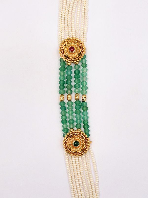 Exotic India Multi Strand Green & White Beaded Long Necklace With Earrings Set 
