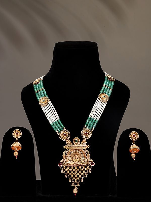 exotic india Multi Strand Green & White Beaded Long Necklace with Earrings Set 