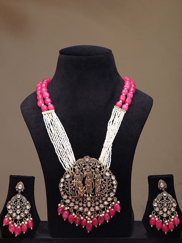 exotic india Multi Strand Ram Darbar Long Necklace Set with Beads Drop 