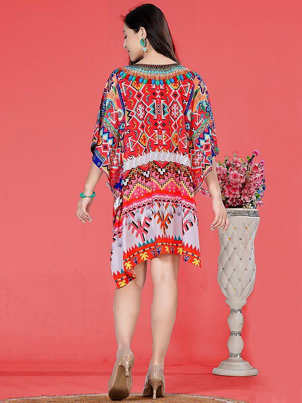 Exotic India Multicolor Art Silk Stone Work Short Kaftan With Internal Drawstring And Printed Motifs 