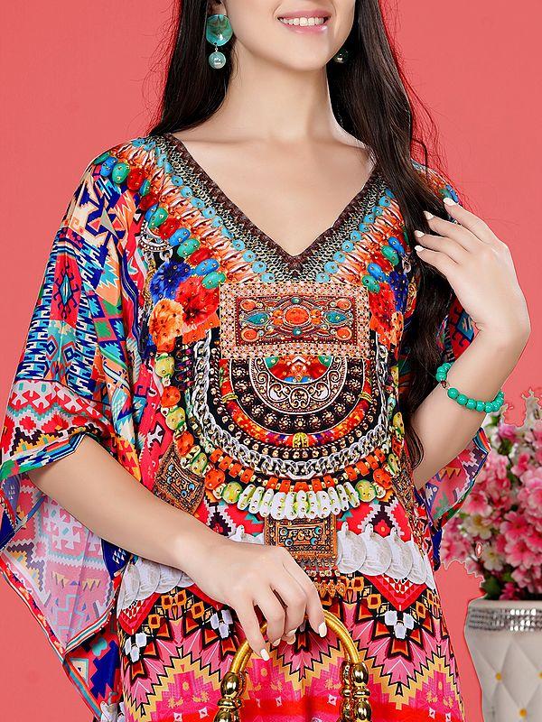 Exotic India Multicolor Art Silk Stone Work Short Kaftan With Internal Drawstring And Printed Motifs 