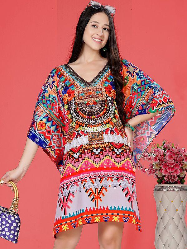 exotic india Multicolor Art Silk Stone work Short Kaftan with Internal Drawstring and Printed Motifs 