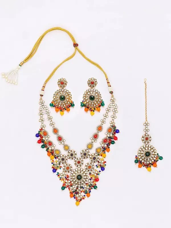 Exotic India Multicolor Beads And Kundan Studded Long Necklace Set With Earrings And Mangtika 