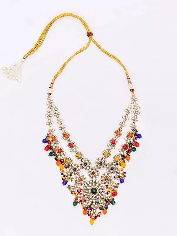 Exotic India Multicolor Beads And Kundan Studded Long Necklace Set With Earrings And Mangtika 