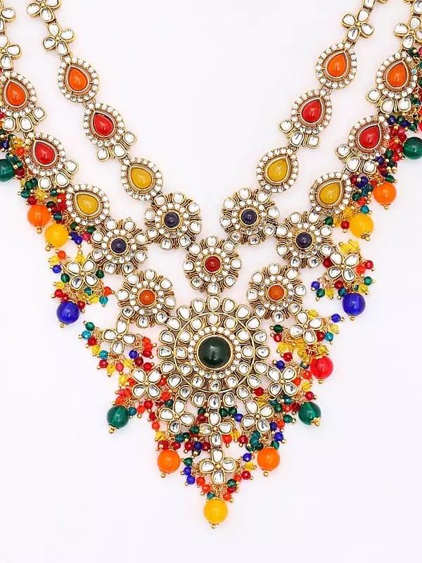 Exotic India Multicolor Beads And Kundan Studded Long Necklace Set With Earrings And Mangtika 