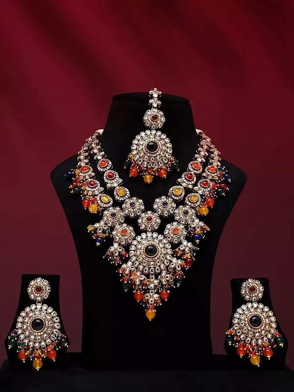 exotic india Multicolor Beads and Kundan Studded Long Necklace Set with Earrings and Mangtika 