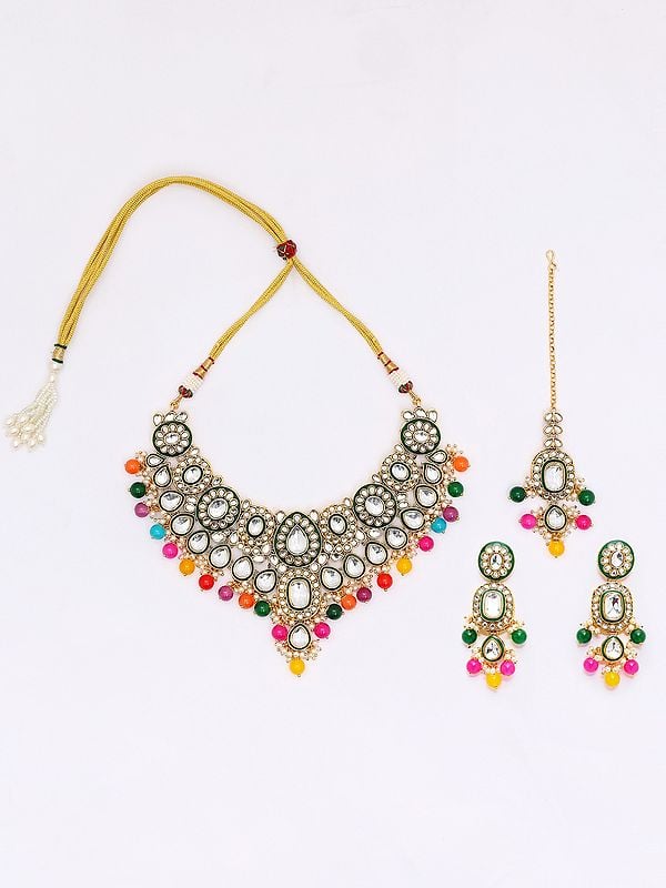 Exotic India Multicolor Beads And Kundan Studded Necklace Set With Earrings And Mangtika