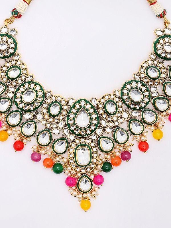 Exotic India Multicolor Beads And Kundan Studded Necklace Set With Earrings And Mangtika