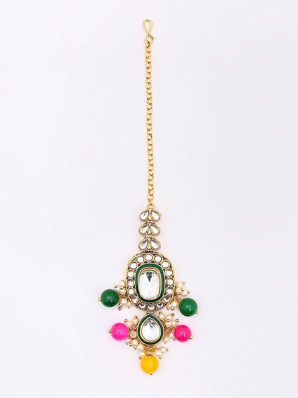 Exotic India Multicolor Beads And Kundan Studded Necklace Set With Earrings And Mangtika