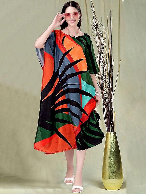 Exotic India Multicolor Boat Neck Printed Midi Kaftan 