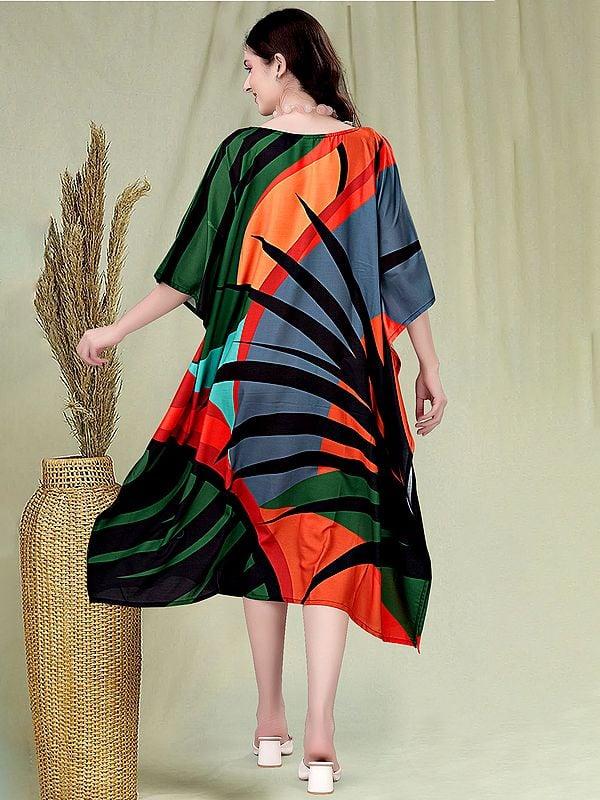 Exotic India Multicolor Boat Neck Printed Midi Kaftan 