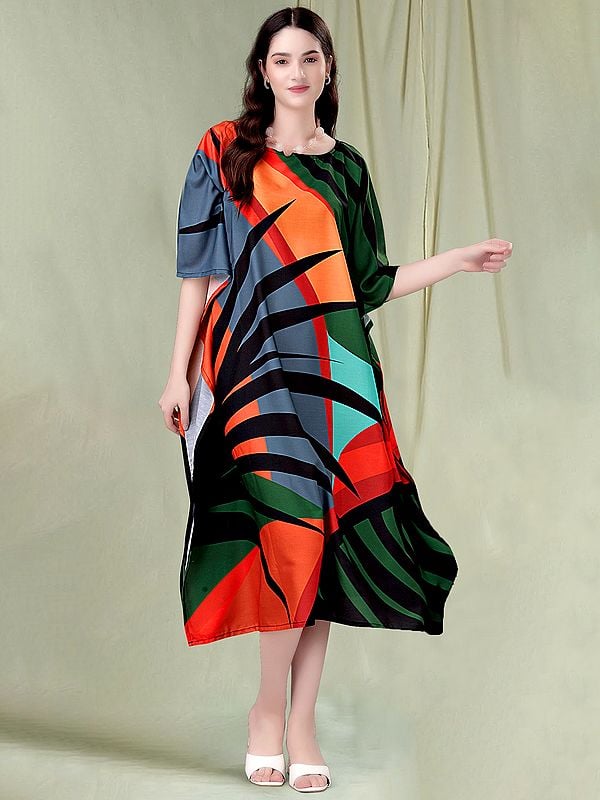 exotic india Multicolor Boat Neck Printed Midi Kaftan 