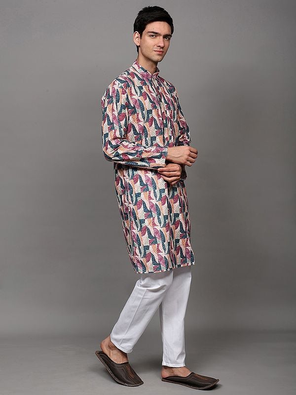 Exotic India Multicolor Chikankari Embroidered Kurta Pajama Set With All-Over Printed Pattern And Sequin Work 