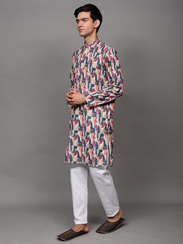 Exotic India Multicolor Chikankari Embroidered Kurta Pajama Set With All-Over Printed Pattern And Sequin Work 