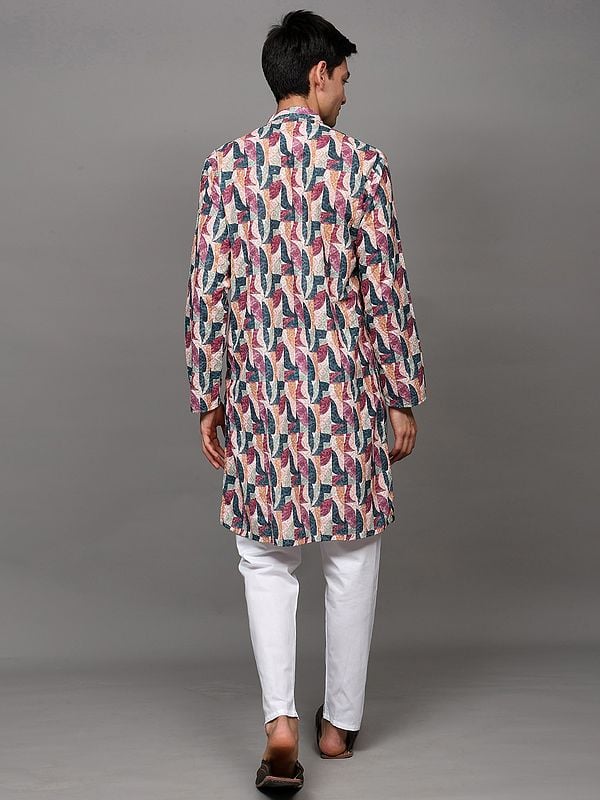 Exotic India Multicolor Chikankari Embroidered Kurta Pajama Set With All-Over Printed Pattern And Sequin Work 