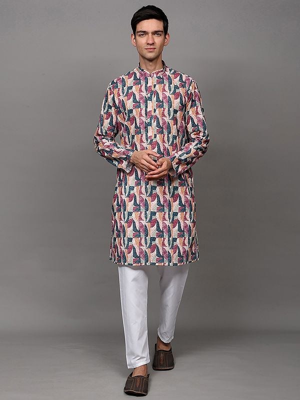 exotic india Multicolor Chikankari Embroidered Kurta Pajama Set with All-Over Printed Pattern and Sequin Work 