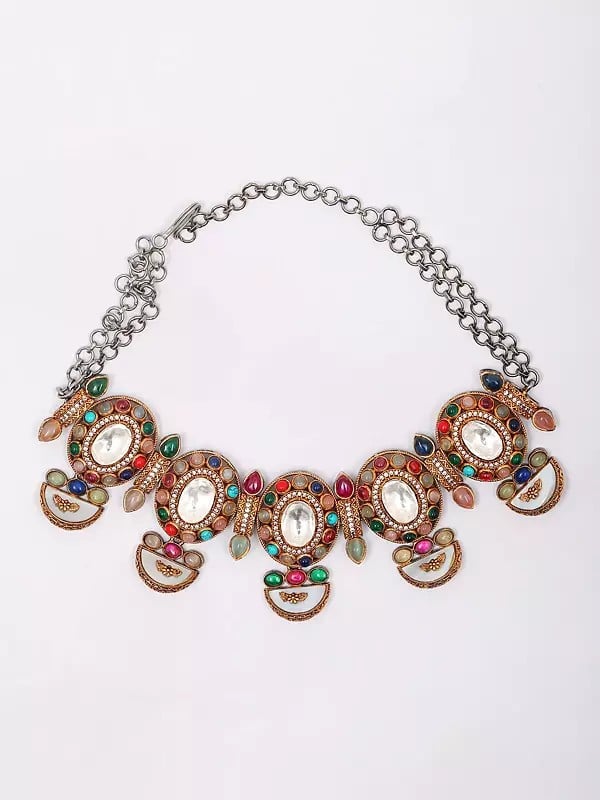 Exotic India Multicolor Choker Necklace Set With Earrings 