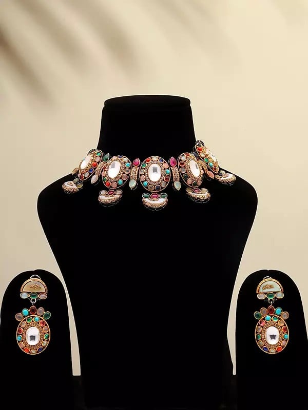 exotic india Multicolor Choker Necklace Set with Earrings 