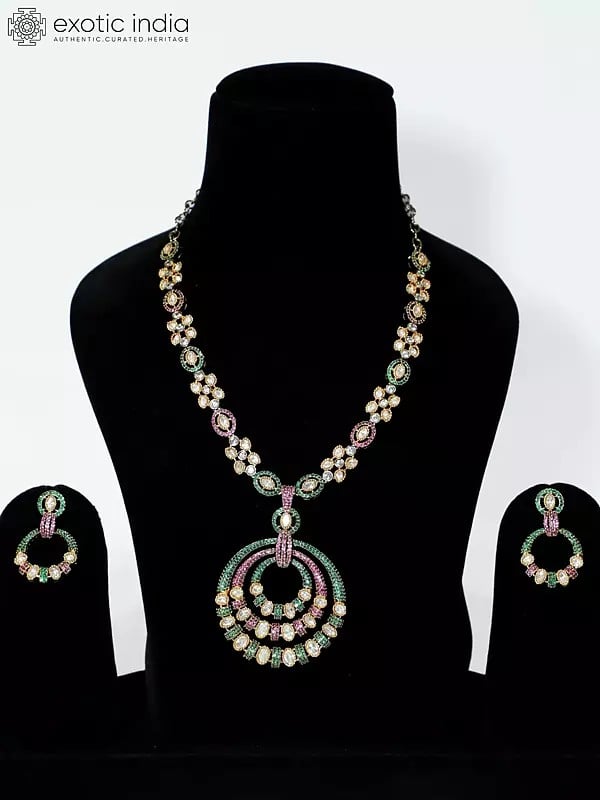 exotic india Multicolor Copper And Kundan Stone Studded Embellished Necklace Set With Earrings