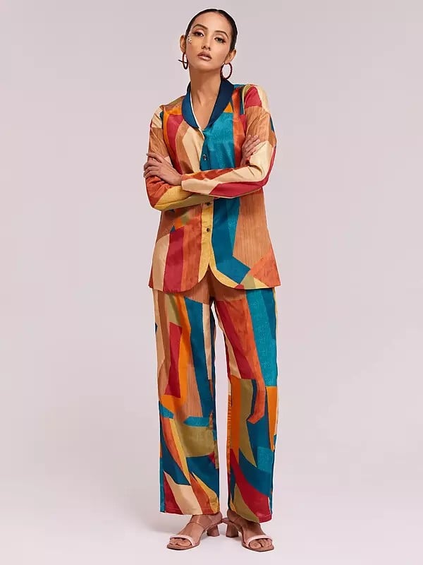 Exotic India Multicolor Crepe Printed Blazer And Pant Co-Ord Set For Casual Occasion