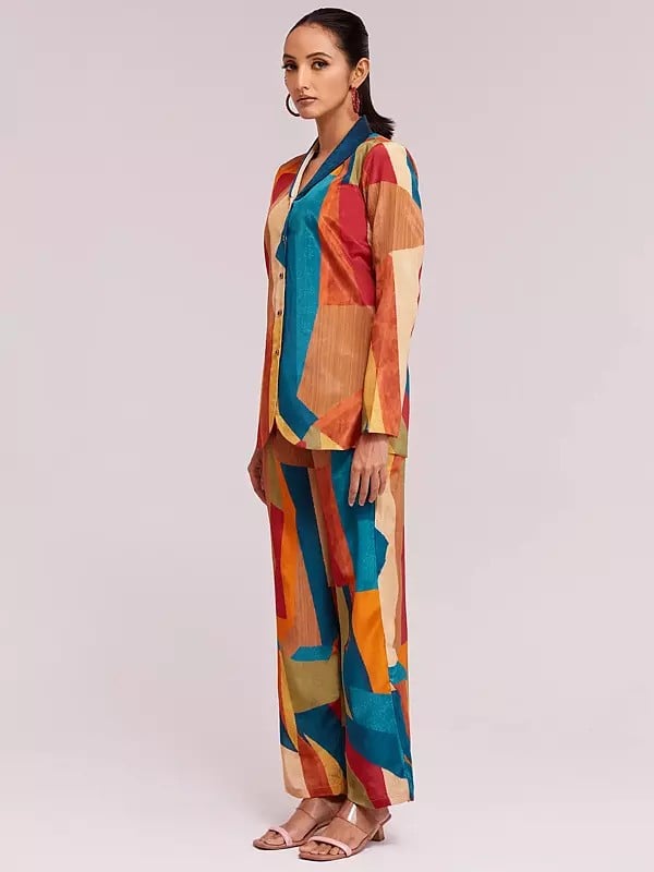 Exotic India Multicolor Crepe Printed Blazer And Pant Co-Ord Set For Casual Occasion