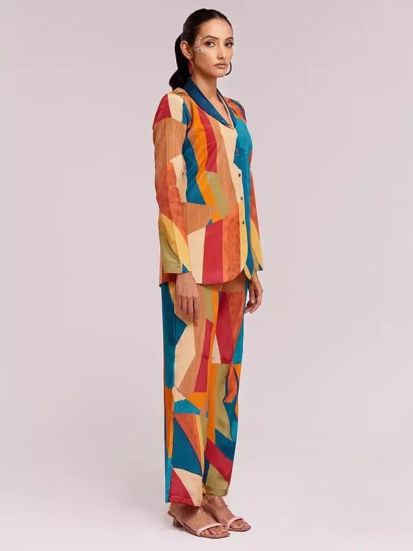 Exotic India Multicolor Crepe Printed Blazer And Pant Co-Ord Set For Casual Occasion