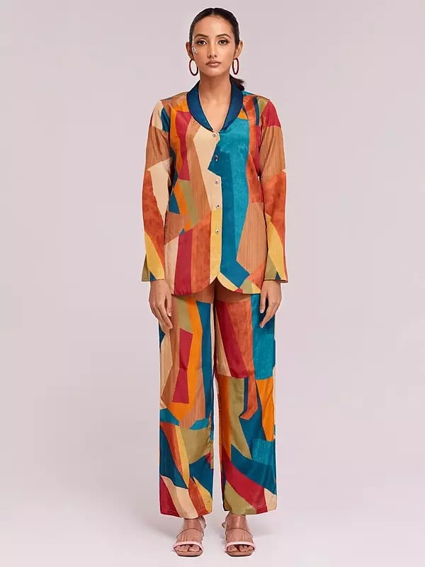 exotic india Multicolor Crepe Printed Blazer And Pant Co-Ord Set For Casual Occasion 
