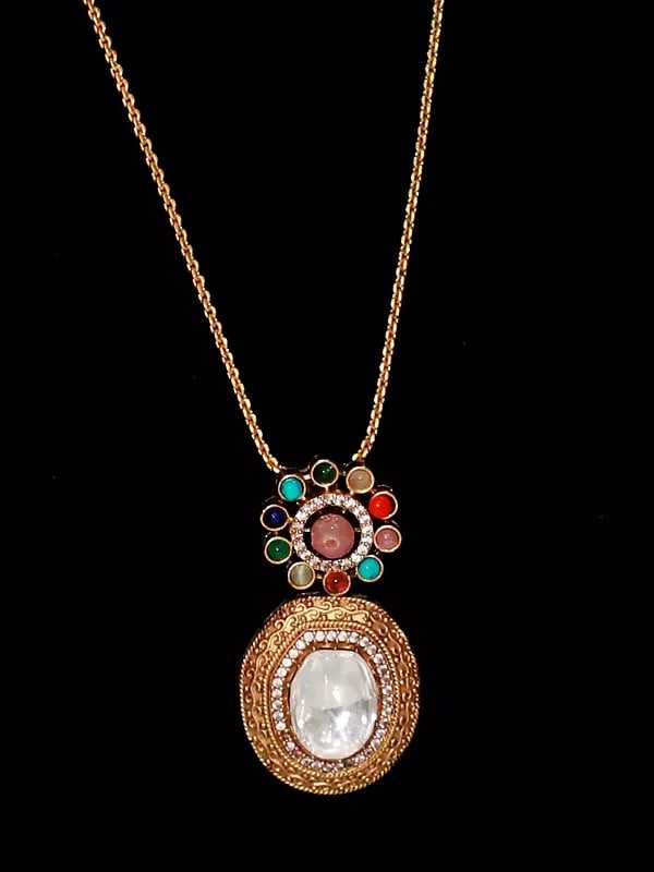 Exotic India Multicolor Designer Kundan Stone Studded Pendant Set With Earrings