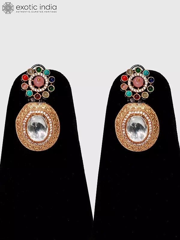Exotic India Multicolor Designer Kundan Stone Studded Pendant Set With Earrings