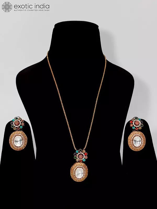 exotic india Multicolor Designer Kundan Stone Studded Pendant Set With Earrings 