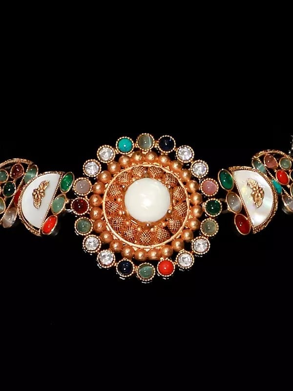 Exotic India Multicolor Designer Stone Studded Choker Jewelry Set With Earrings