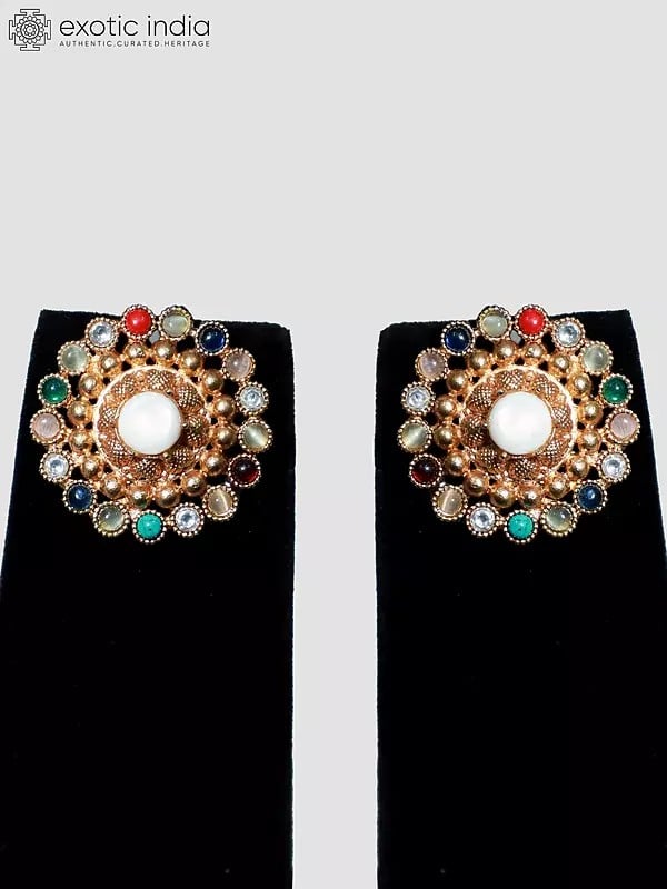 Exotic India Multicolor Designer Stone Studded Choker Jewelry Set With Earrings