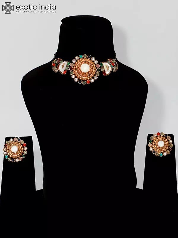 exotic india Multicolor Designer Stone Studded Choker Jewelry Set With Earrings 